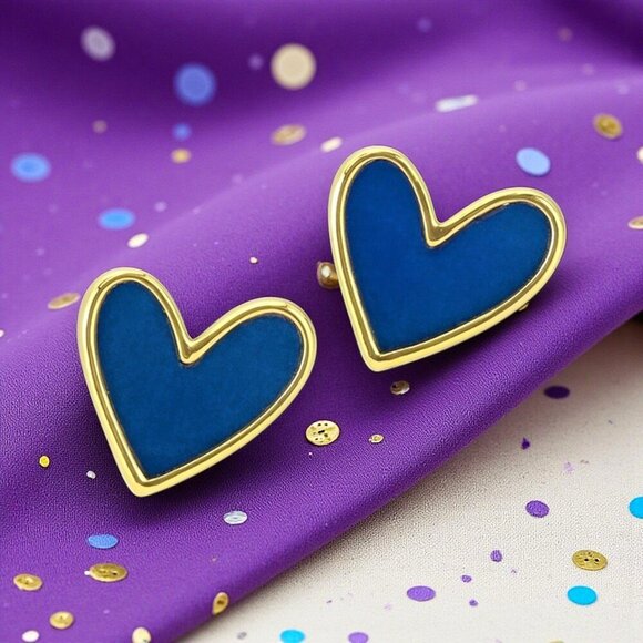 🆕 Royal Blue Enamel Heart Stud Earrings Gold Tone Statement Cute Gift Teen Girl - Picture 8 of 12